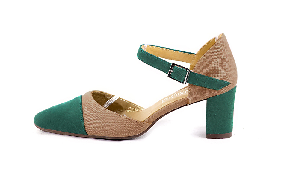 Women's emerald green and tan beige open side dress shoes, with an instep strap. Round toe. Medium block heels - Profile view